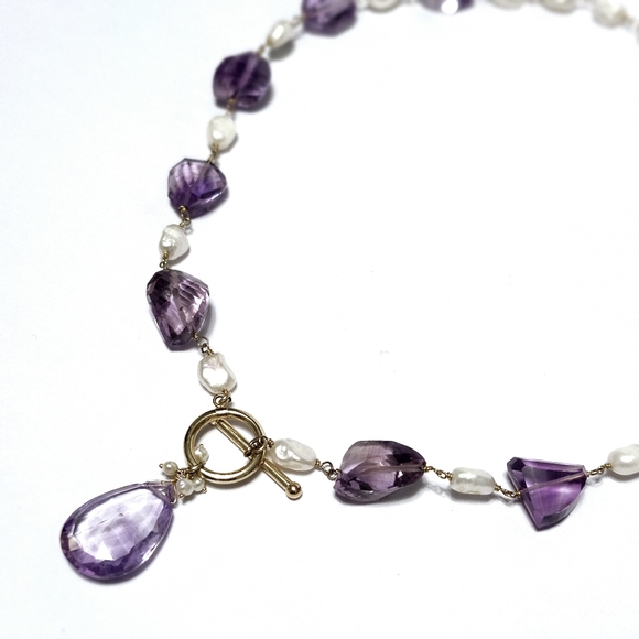 14K Gold Amethyst Pearl Drop Necklace - Picture 8 of 12